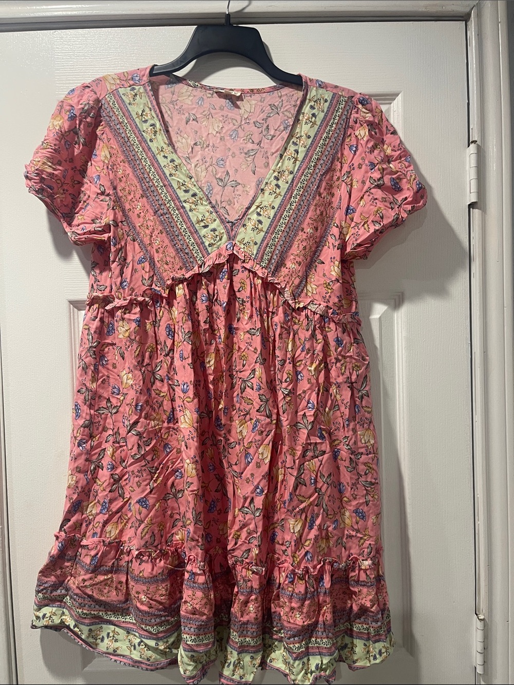 JODIFL Pink Floral V-Neck Tiered Boho Tunic